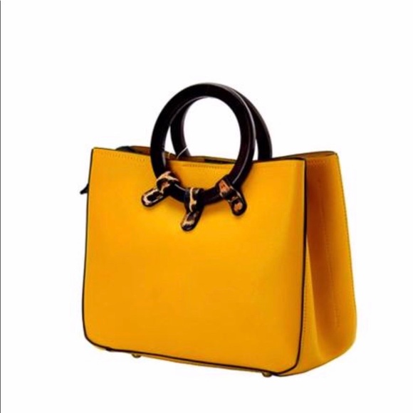 Mustard Vegan Leather Leopard Print Handbag - Picture 4 of 4